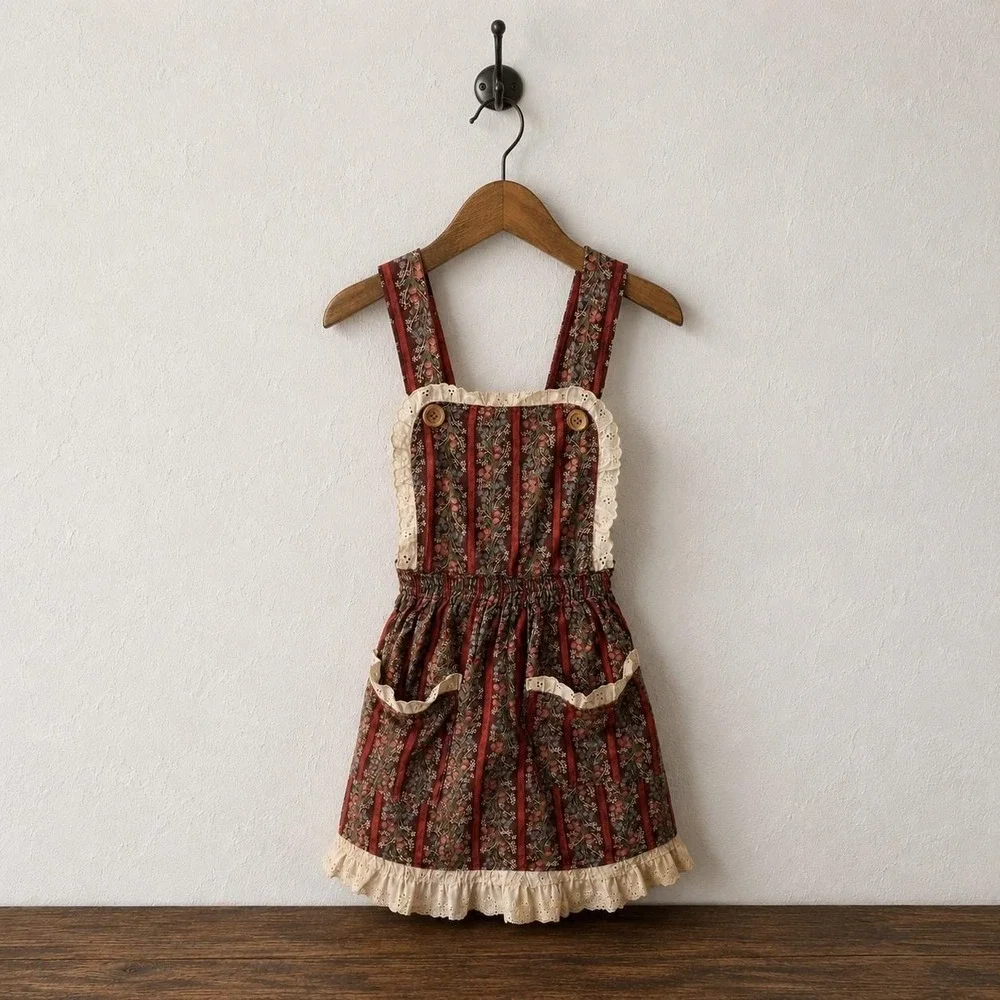 Antique Victorian Child Pinafore Apron – Floral Stripe Eyelet Lace Cottagecore